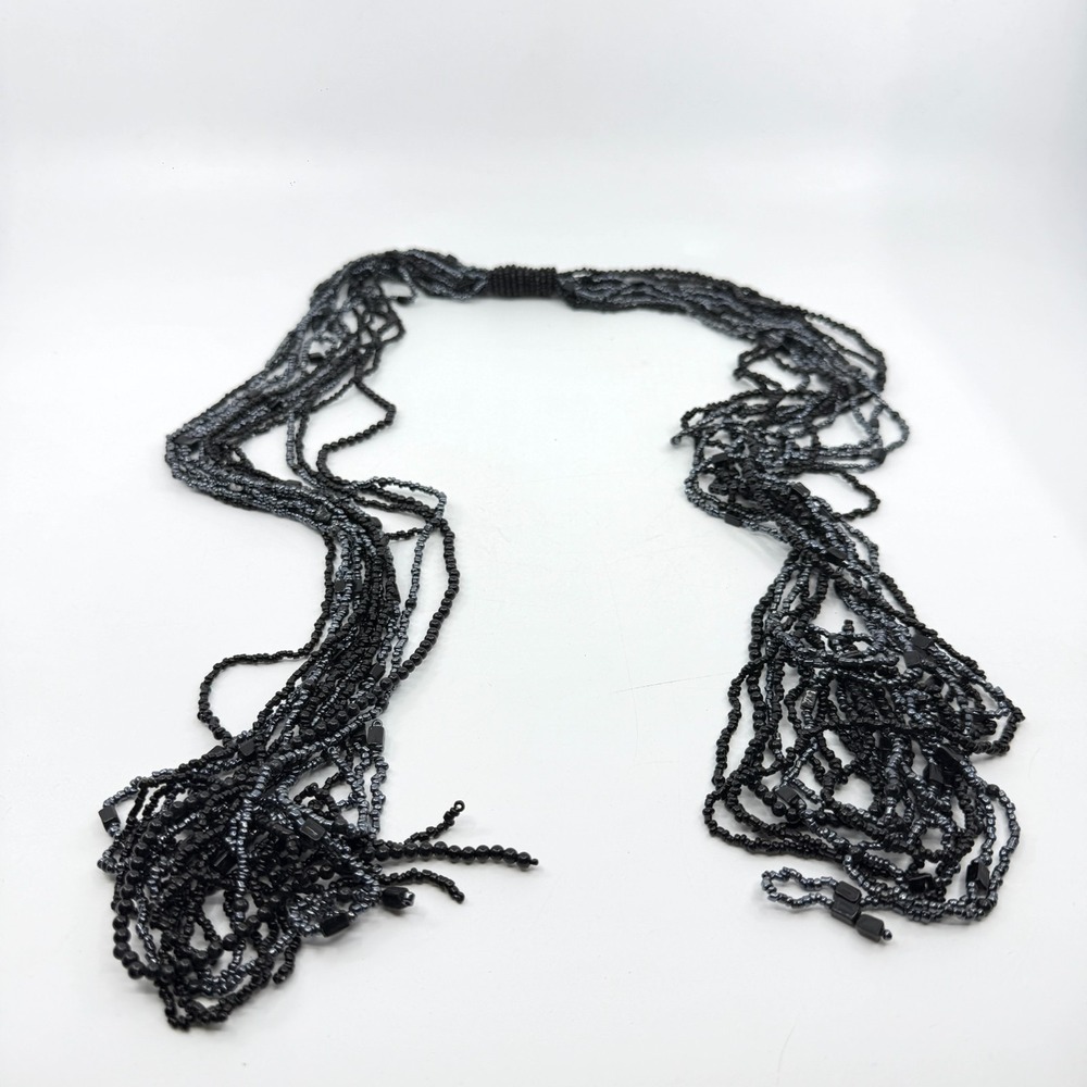 Multi Strand Seed Bead Necklace Black Grey Statement Layered Boho Festival Gift